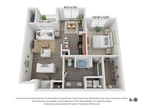 Floor plan for 1 bed, 1 bath, 834 sqft